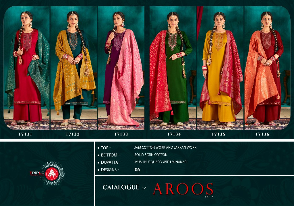 Triple AAA Aroos Vol-3 Wholesale Jam Silk Cotton With Work Dress Material