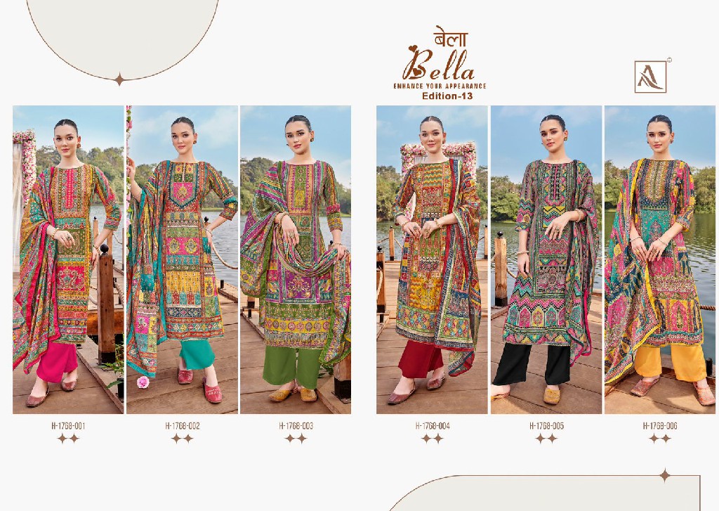 alok suit present bella vol 13 digital printed muslin salwar kameez for womens