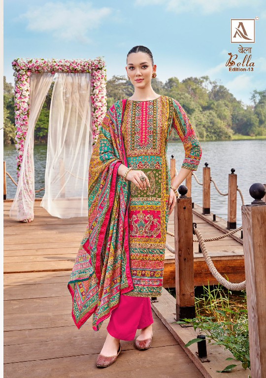 alok suit present bella vol 13 digital printed muslin salwar kameez for womens