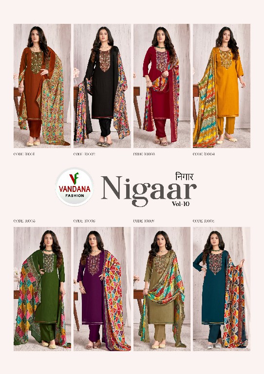 Vandana Nigaar Vol-10 Wholesale Pure Reyon With Neck Work Dress Material