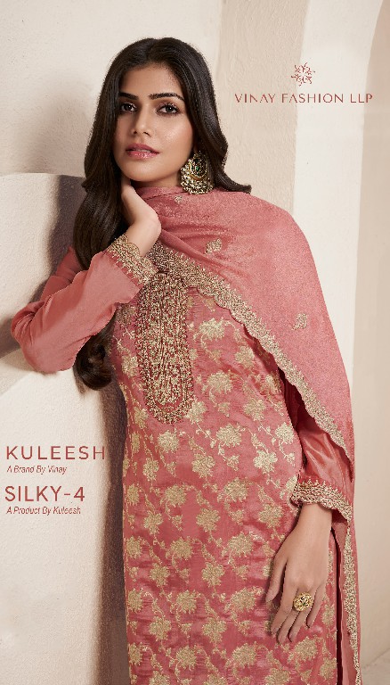 Vinay Kuleesh Silky Vol-4 Wholesale Embroidered Lotus Silk Jacquard Straight Suits