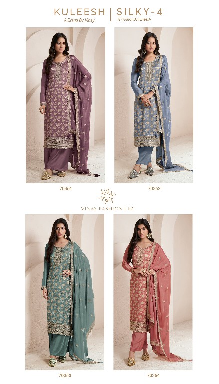Vinay Kuleesh Silky Vol-4 Wholesale Embroidered Lotus Silk Jacquard Straight Suits
