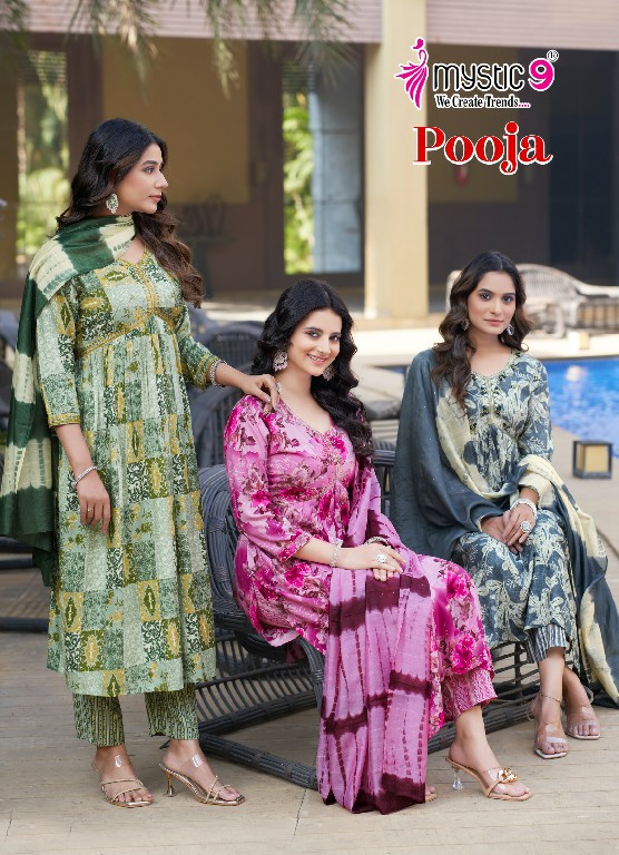 Mystic 9 Pooja Vol-9 Wholesale Aliya Cut Kurti With Pant And Dupatta