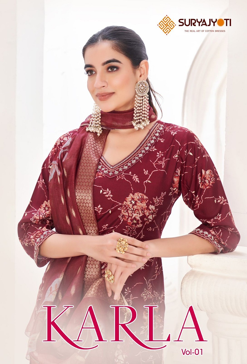 Suryajyoti Karla Vol-1 Wholesale Pure Modal Print With Neck Work Readymade Suits