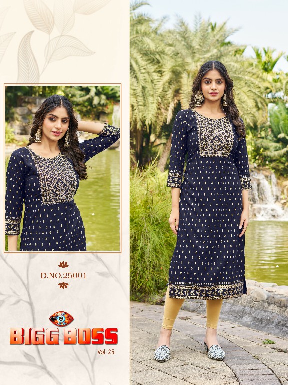 Blue Hills Bigg Boss Vol-25 Wholesale 14 Kg Reyon Embroidery Work Side Cut Long Kurtis