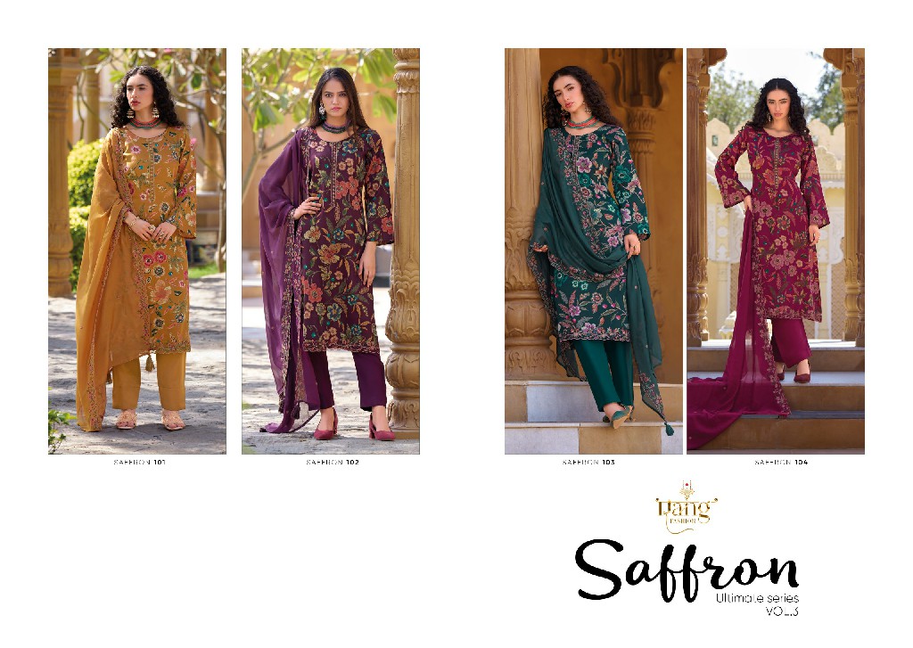 Rang Fashion Saffron Vol-3 Wholesale Pure Jamm Silk With Embroidery Work Salwar Suits