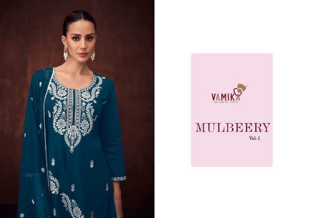 Vamika Mulberry Vol-1 Wholesale Heavy Viscose Rayon With Work Kurti With Pant And Dupatta