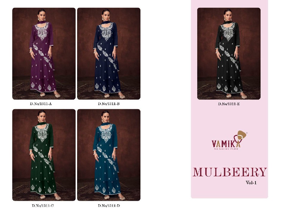 Vamika Mulberry Vol-1 Wholesale Heavy Viscose Rayon With Work Kurti With Pant And Dupatta