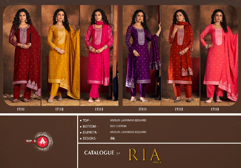 Triple AAA Ria Vol-3 Wholesale Muslin Lucknowi Work Dress Material