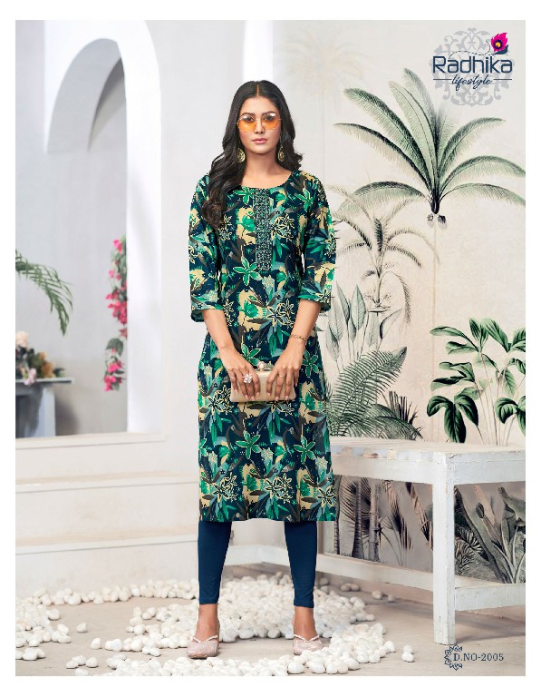 Radhika Lifestyle Alisha Vol-2 Wholesale Liva Approved Reyon Print With Work Long Kurtis