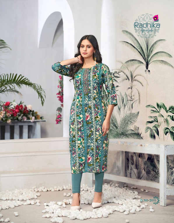 Radhika Lifestyle Alisha Vol-2 Wholesale Liva Approved Reyon Print With Work Long Kurtis