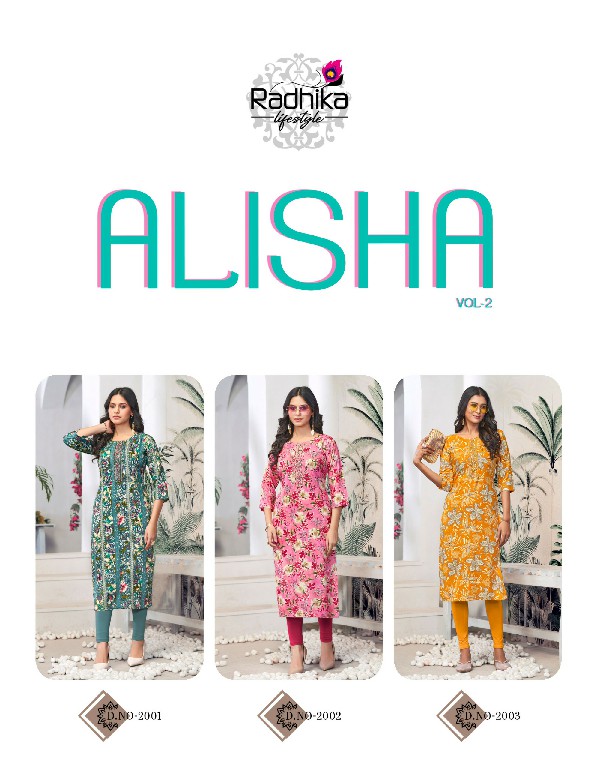 Radhika Lifestyle Alisha Vol-2 Wholesale Liva Approved Reyon Print With Work Long Kurtis