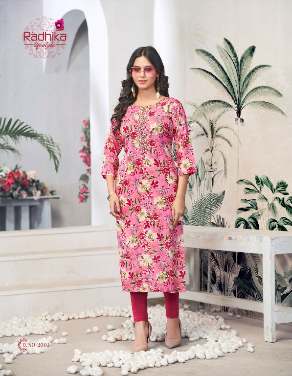 Radhika Lifestyle Alisha Vol-2 Wholesale Liva Approved Reyon Print With Work Long Kurtis