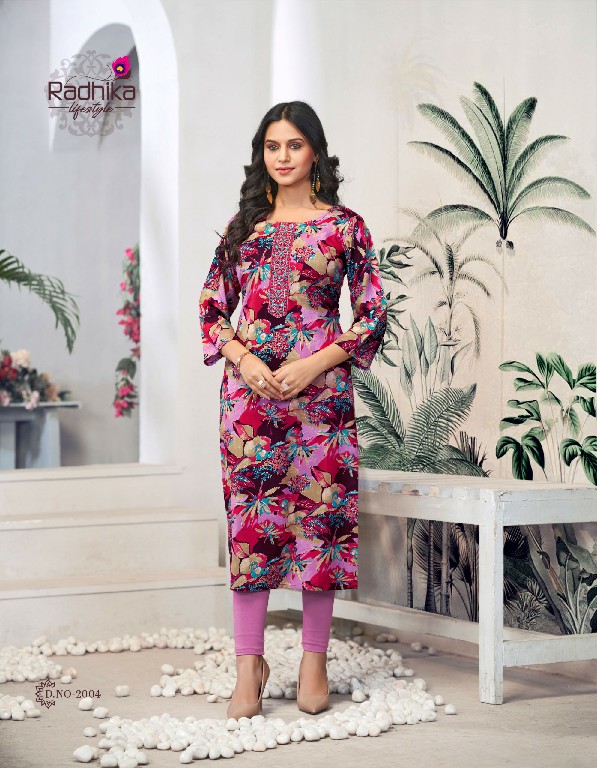 Radhika Lifestyle Alisha Vol-2 Wholesale Liva Approved Reyon Print With Work Long Kurtis