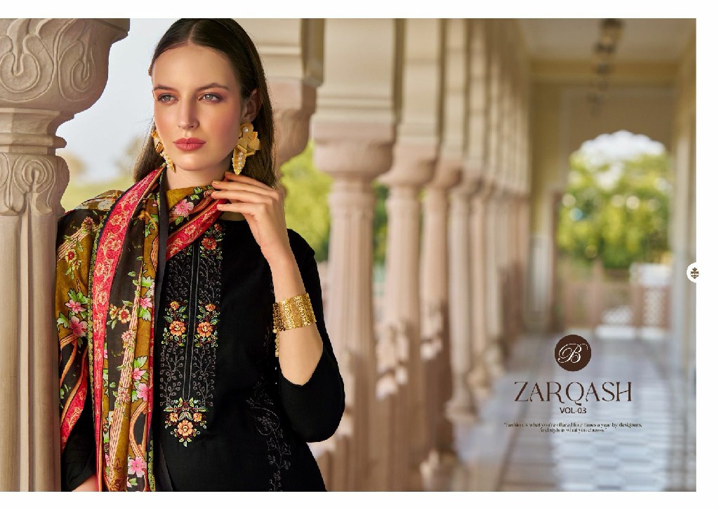 Belliza Zarqash Vol-3 Wholesale Pure Heavy Jam With Designer Work Dress Material