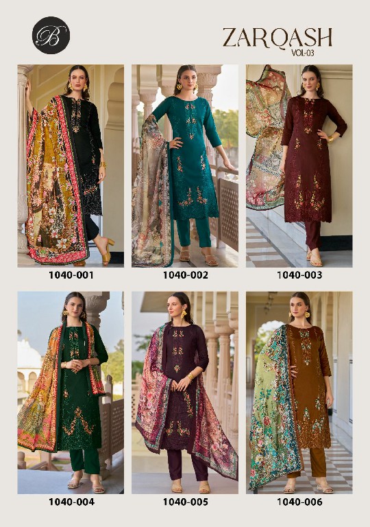 Belliza Zarqash Vol-3 Wholesale Pure Heavy Jam With Designer Work Dress Material