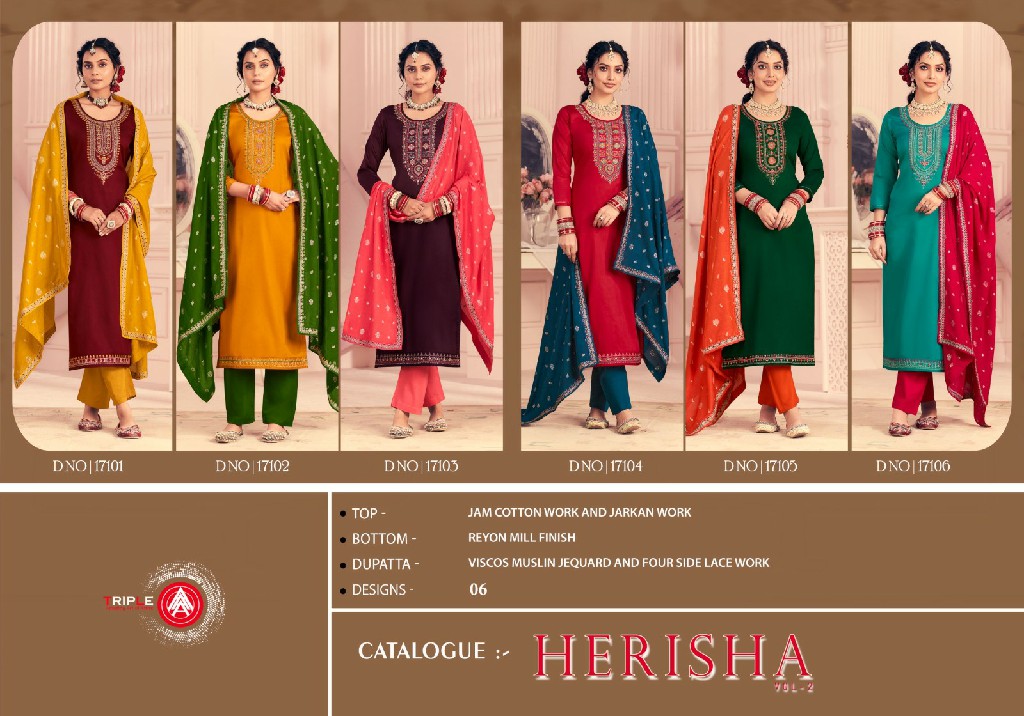 Triple AAA Herisha Vol-2 Wholesale Jam Cotton With Work Dress Material