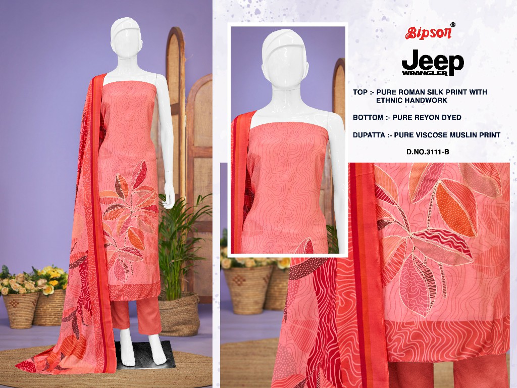 Bipson Jeep Wranglar 3111 Wholesale Roman Silk With Ethnic Handwork Dress Material