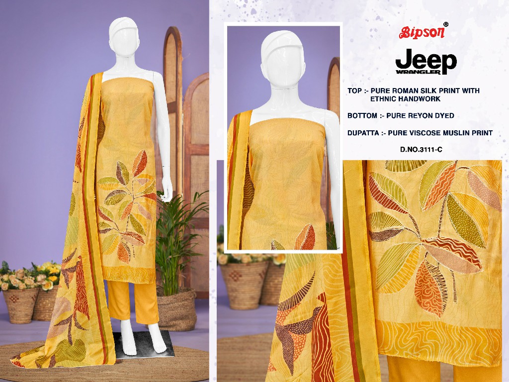 Bipson Jeep Wranglar 3111 Wholesale Roman Silk With Ethnic Handwork Dress Material