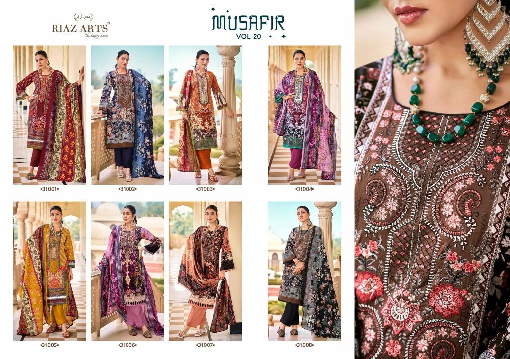 Riaz Arts Musafir Vol-20 Wholesale Pure Karachi Lawn With Embroidery Work Dress Material