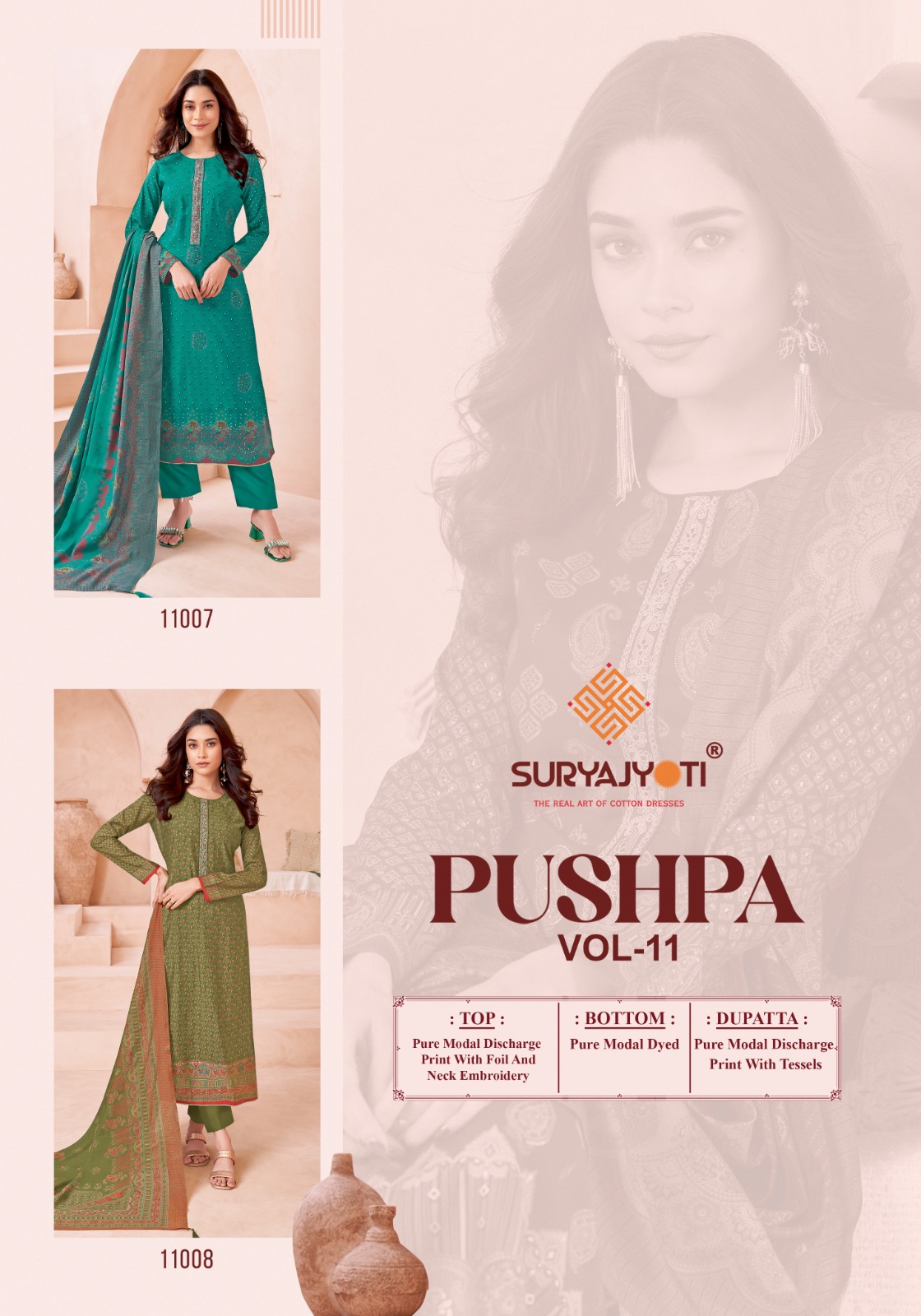 Suryajyoti Pushpa Vol-11 Wholesale Heavy Modal With Neck Embroidery Dress Material
