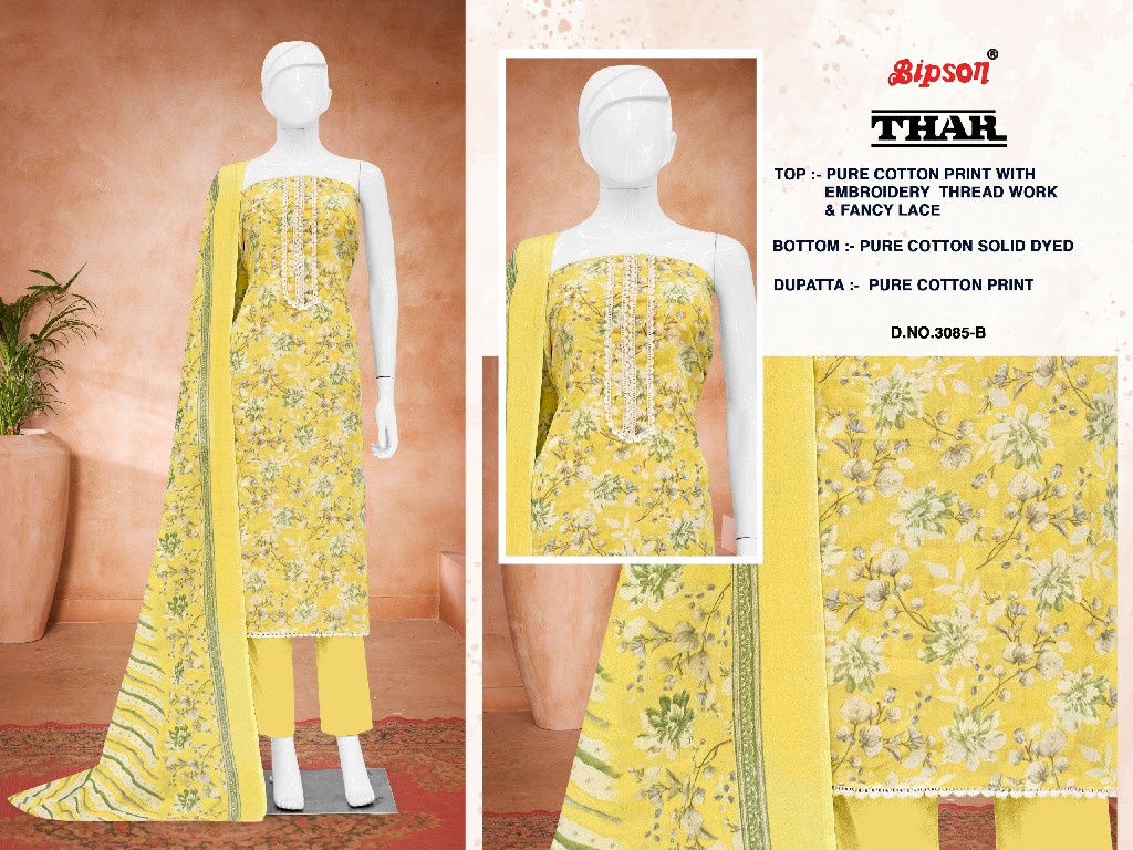 Bipson Thar 3085 Wholesale Pure Cotton With Schiffli Lace Work Dress Material