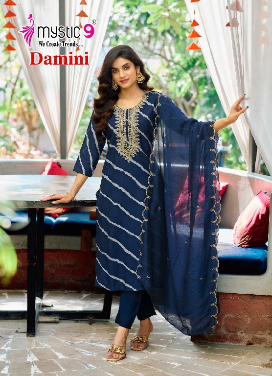 Mystic 9 Damini Vol-1 Wholesale Roman Silk Modal Lehriya Print Straight Cut Catalog