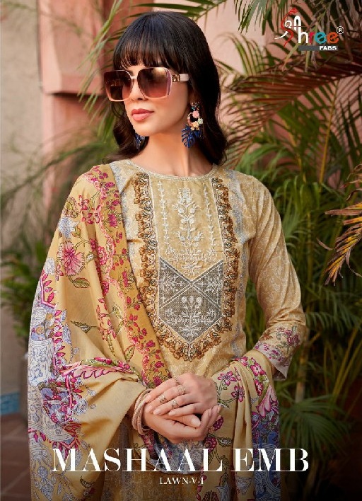 Shree Fabs Mashaal Emb Lawn Vol-1 Wholesale Patch Embroidery Pakistani Style Suits