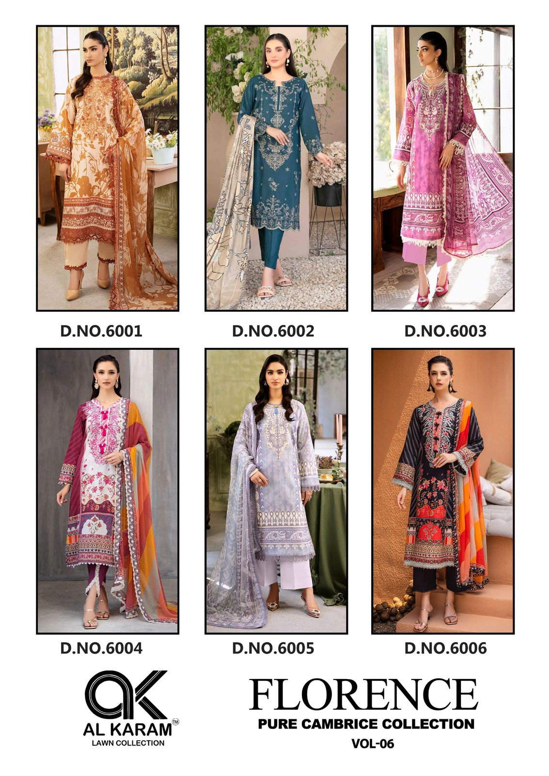 Al Karam Florence Vol-6 Wholesale Pure Lawn Cotton Dress Material