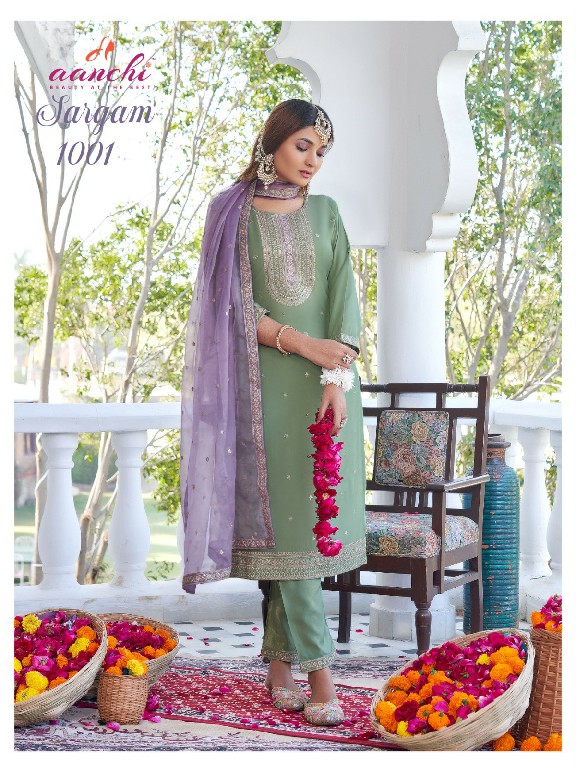 sargam by aanchi roman shimmer fully stitch elegant style 3pcs dress