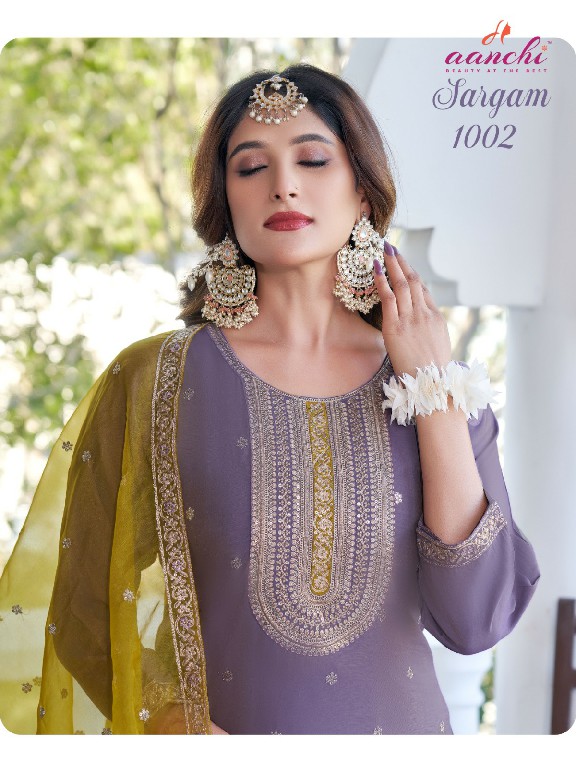 sargam by aanchi roman shimmer fully stitch elegant style 3pcs dress