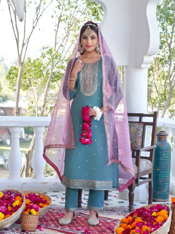 sargam by aanchi roman shimmer fully stitch elegant style 3pcs dress