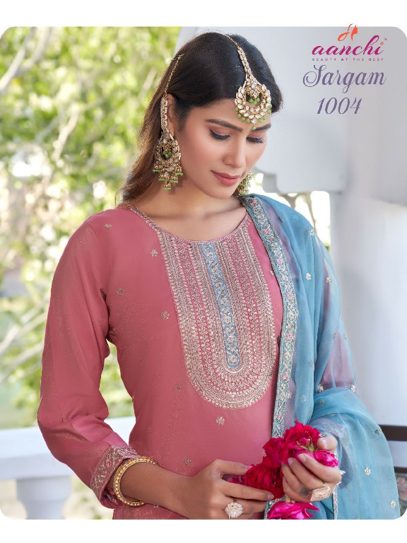 sargam by aanchi roman shimmer fully stitch elegant style 3pcs dress