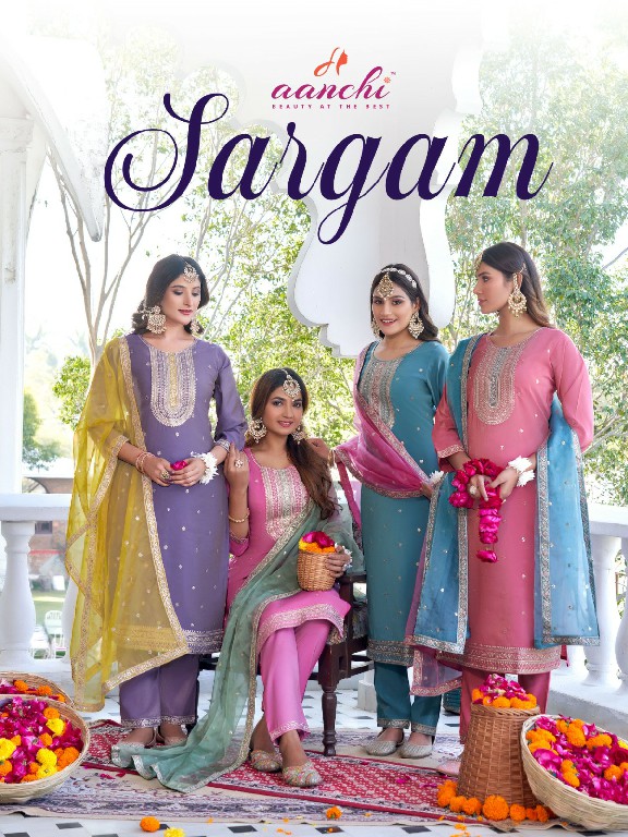 sargam by aanchi roman shimmer fully stitch elegant style 3pcs dress