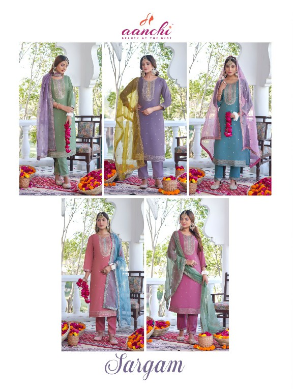 sargam by aanchi roman shimmer fully stitch elegant style 3pcs dress