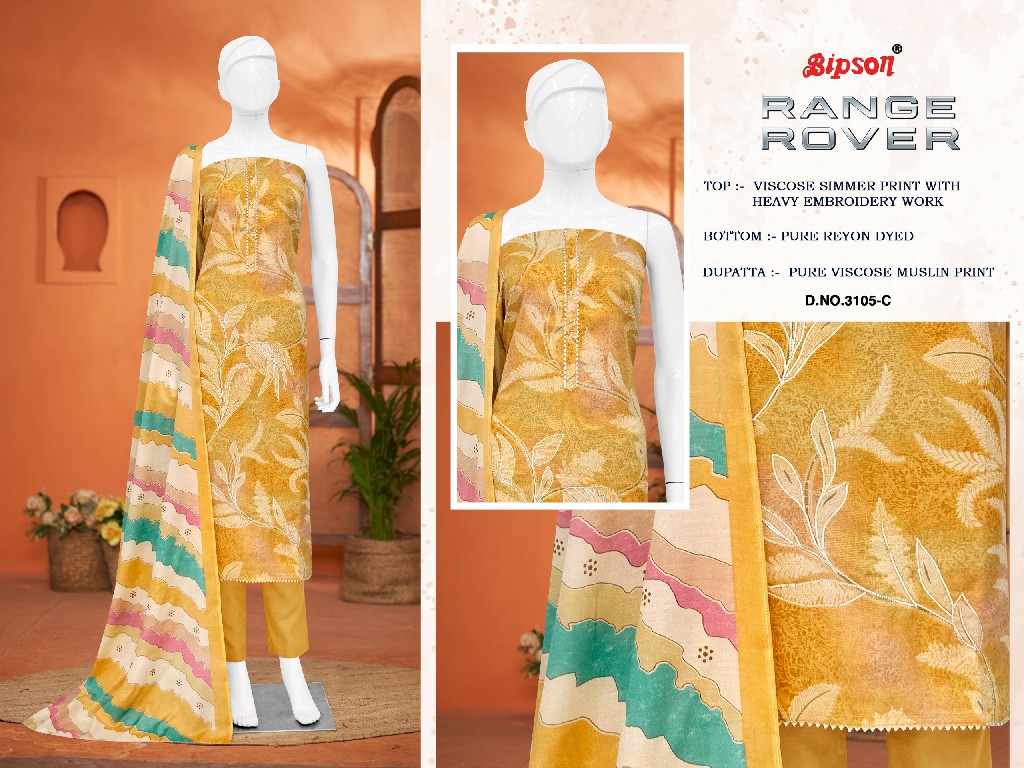 Bipson Range Rover D.no 3105 Wholesale VIscose Simmer With Ethnic Handwork Dress Material