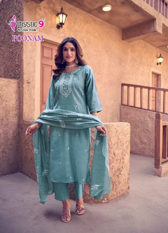 Mystic 9 Poonam Vol-1 Wholesale Vertican Embroidery Kurti With Pant And Dupatta