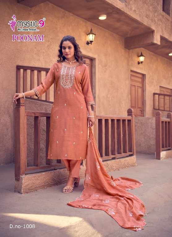 Mystic 9 Poonam Vol-1 Wholesale Vertican Embroidery Kurti With Pant And Dupatta