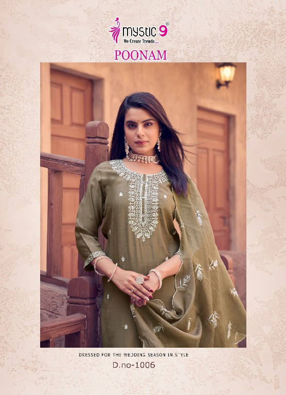 Mystic 9 Poonam Vol-1 Wholesale Vertican Embroidery Kurti With Pant And Dupatta