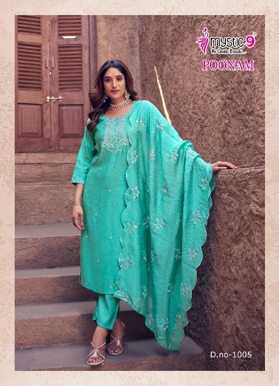 Mystic 9 Poonam Vol-1 Wholesale Vertican Embroidery Kurti With Pant And Dupatta
