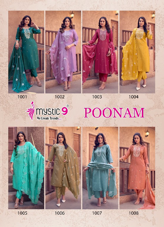 Mystic 9 Poonam Vol-1 Wholesale Vertican Embroidery Kurti With Pant And Dupatta