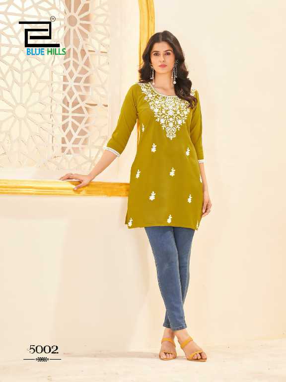 Blue Hills Amelia Vol-5 Wholesale 14kg Reyon Lucknowi Work Short Tops