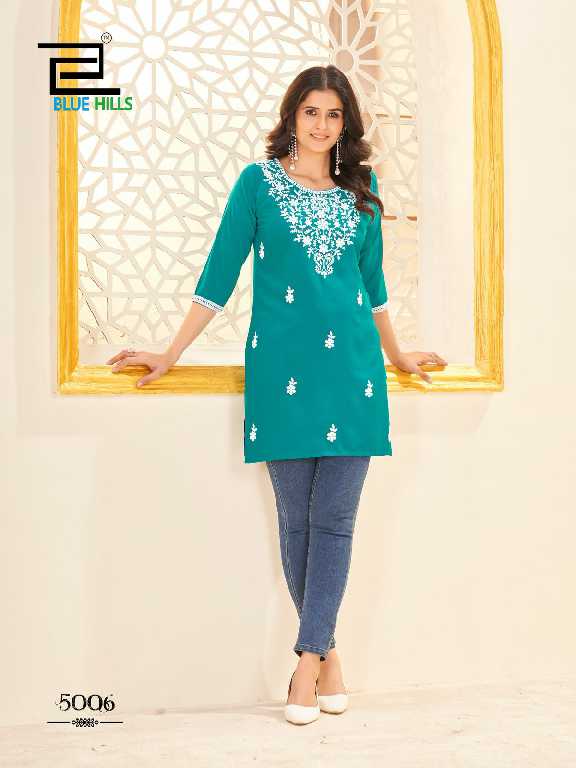 Blue Hills Amelia Vol-5 Wholesale 14kg Reyon Lucknowi Work Short Tops