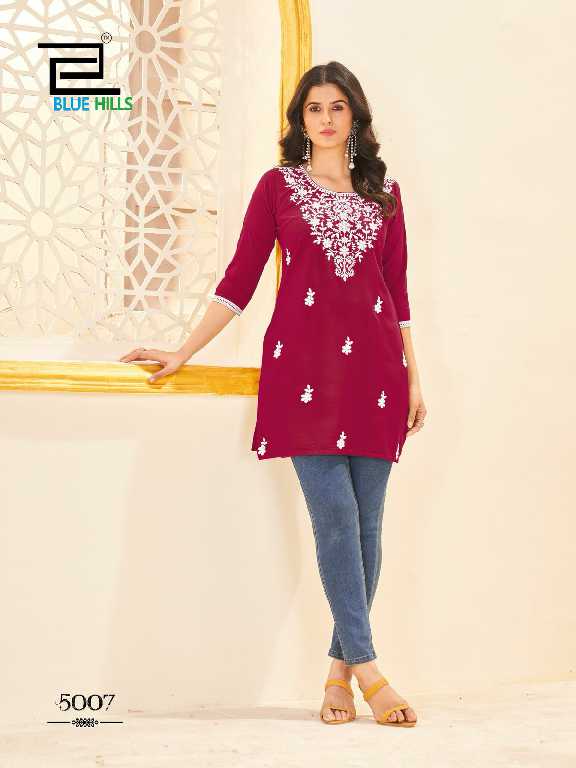 Blue Hills Amelia Vol-5 Wholesale 14kg Reyon Lucknowi Work Short Tops