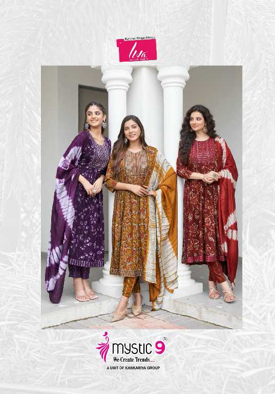 Mystic 9 Black Beauty Vol-4 Wholesale Nyra Stitched Kurtis With Pant And Dupatta