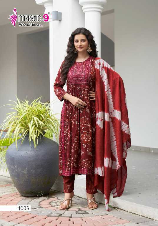 Mystic 9 Black Beauty Vol-4 Wholesale Nyra Stitched Kurtis With Pant And Dupatta