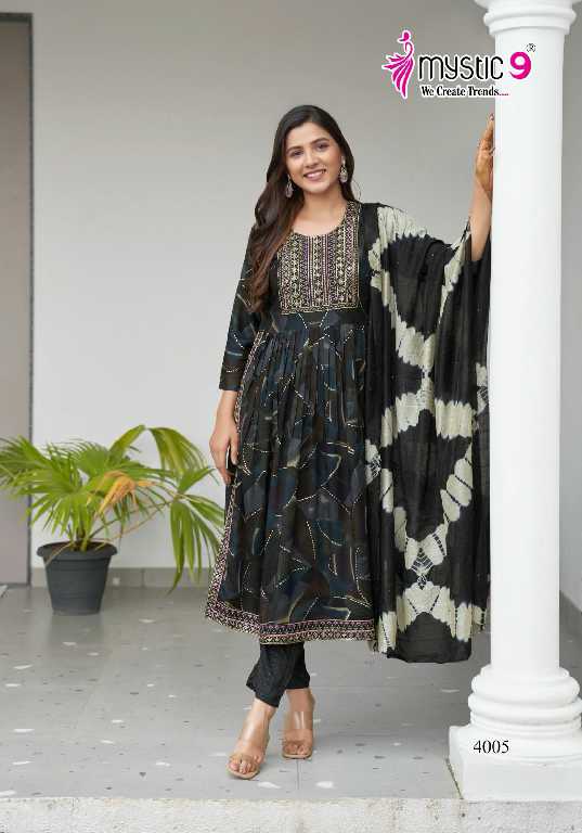 Mystic 9 Black Beauty Vol-4 Wholesale Nyra Stitched Kurtis With Pant And Dupatta