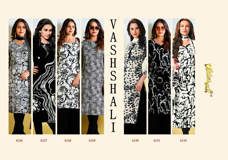 Vaishali Black And White 6126 To 6132 Wholesale Crepe Printed Dress Material
