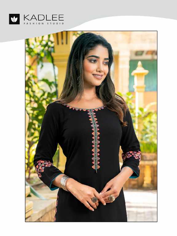 Kadlee Chanchal Wholesale Heavy Reyon Embroidery Long Kurtis Catalog