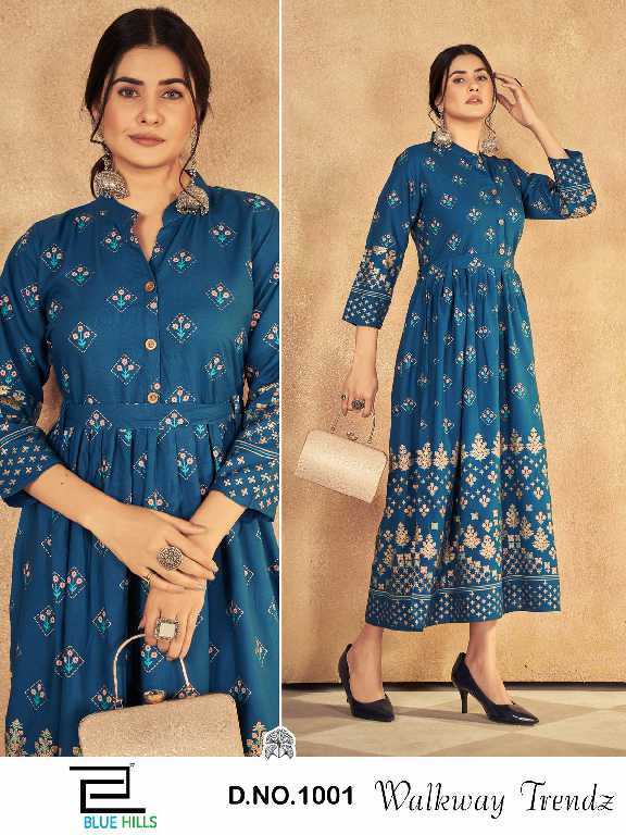 blue hills walkway trendz rayon readymade classic big size long kurtis